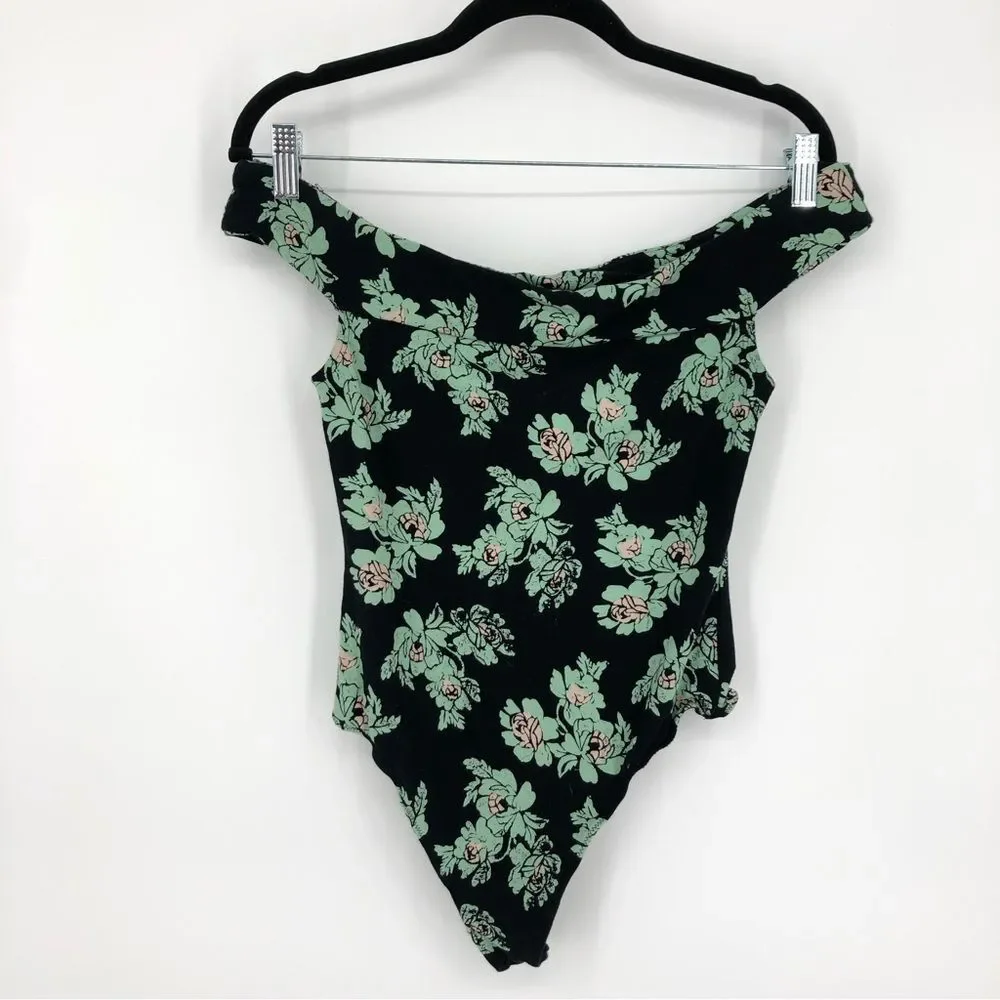 Intimately Free People Womens Bodysuit Size Small Black Off‎ the Shoulder Floral